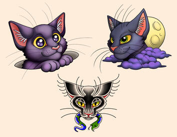 Black Cat Tri-Style Color Tattoo Flash